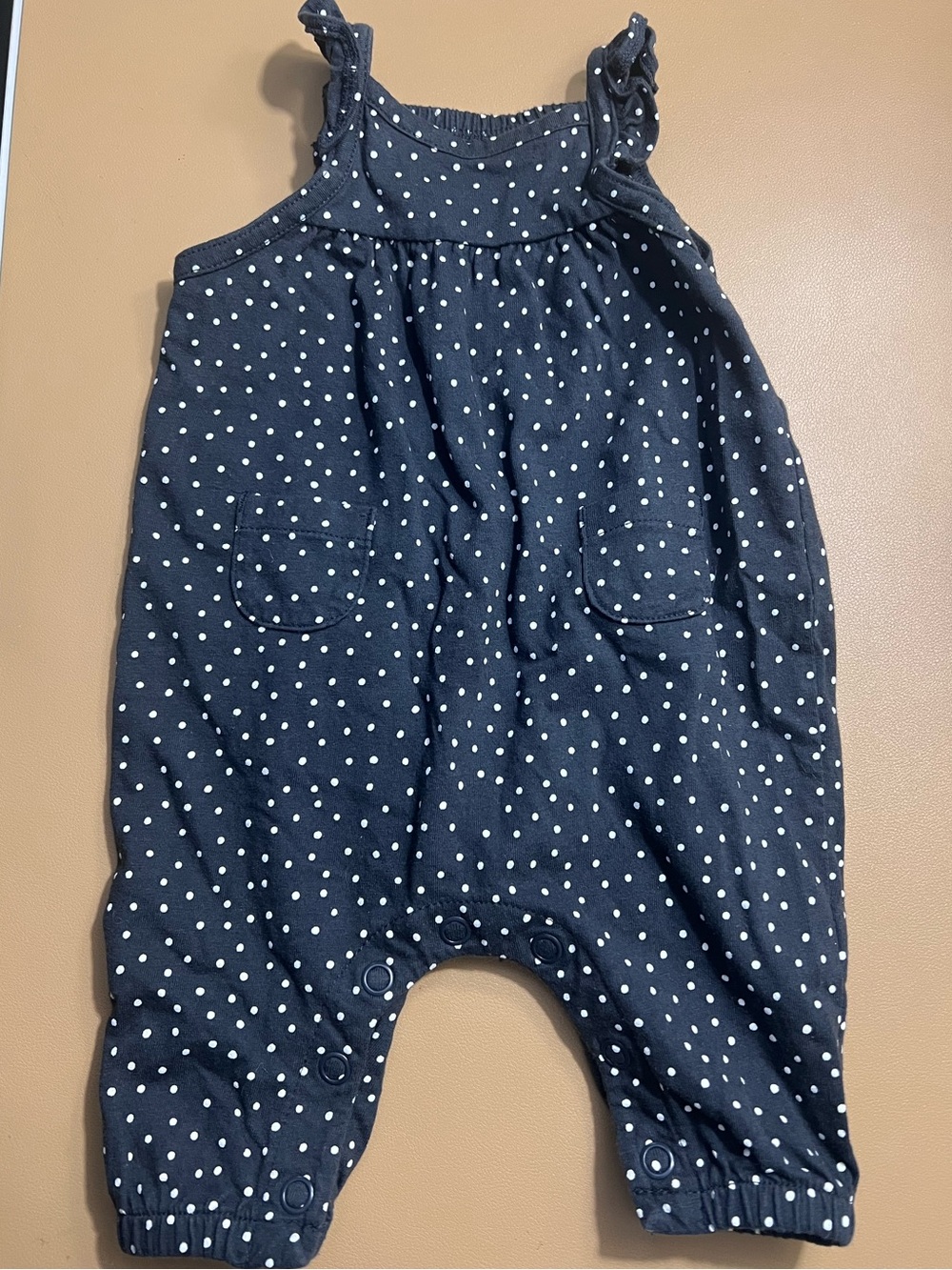 Carters Newborn baby Girl Navy with White Polka Dot Romper with pockets
